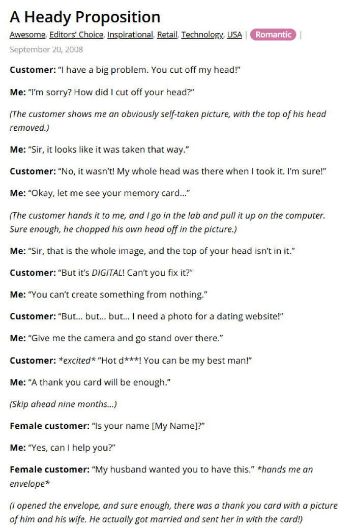 Customer claims photo cut off head in a retail technology store