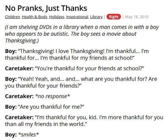 Thankful autistic boy shares Thanksgiving gratitude with library caretaker