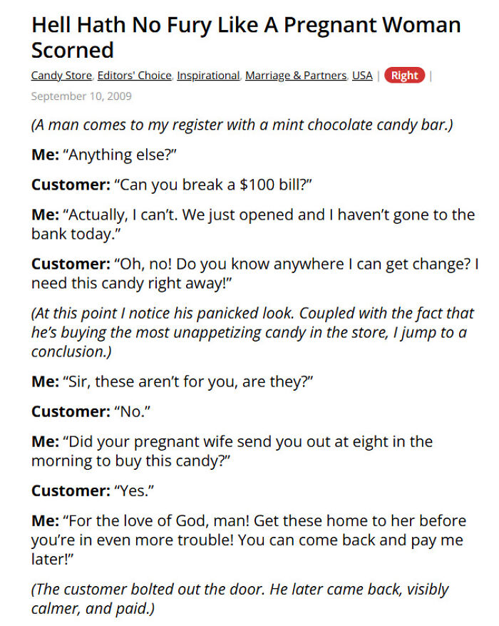 Pregnant woman sends husband to buy candy causing store interaction