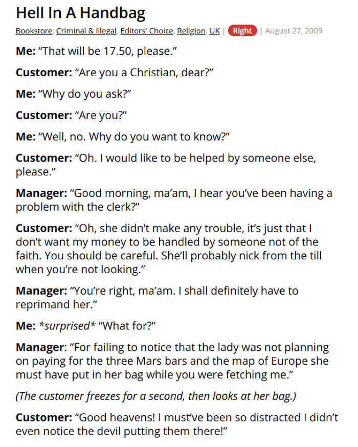 Customer avoids paying by accusing clerk of religious bias in bookstore