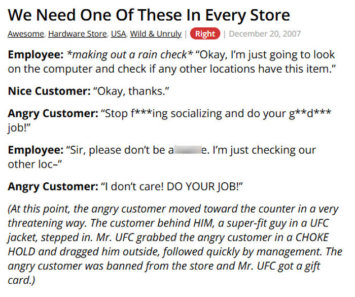 Customer angrily demands service at hardware store while employee checks stock