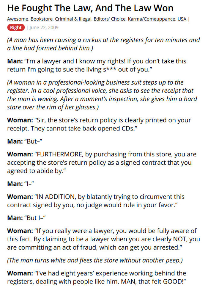 Man confronts store clerk about return policy with confidence and demands a refund