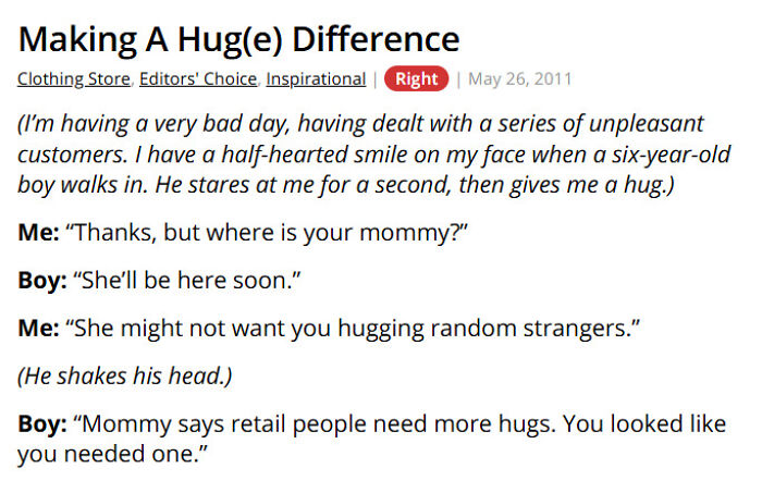 Six-year-old comforts retail worker during a bad day with a hug