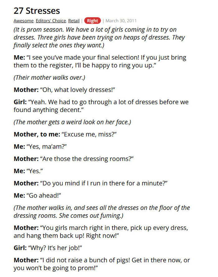 Prom dress shopping story with mom scolding daughters to clean dressing room