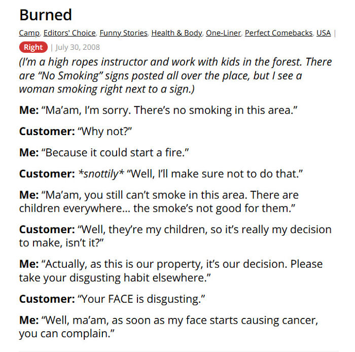 No smoking argument between customer and staff in forest camp area