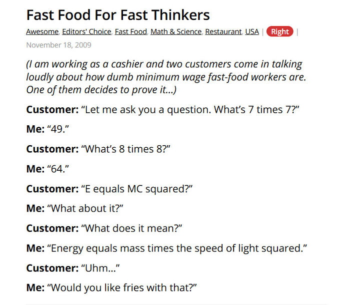 Funny fast food worker story about minimum wage workers and math questions