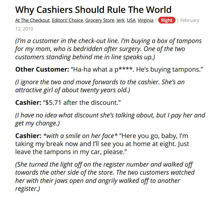 Humorous grocery store cashier story involving tampons and customer interaction