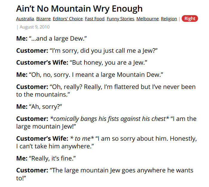 Comical fast food order confusion involving Mountain Dew and a customer
