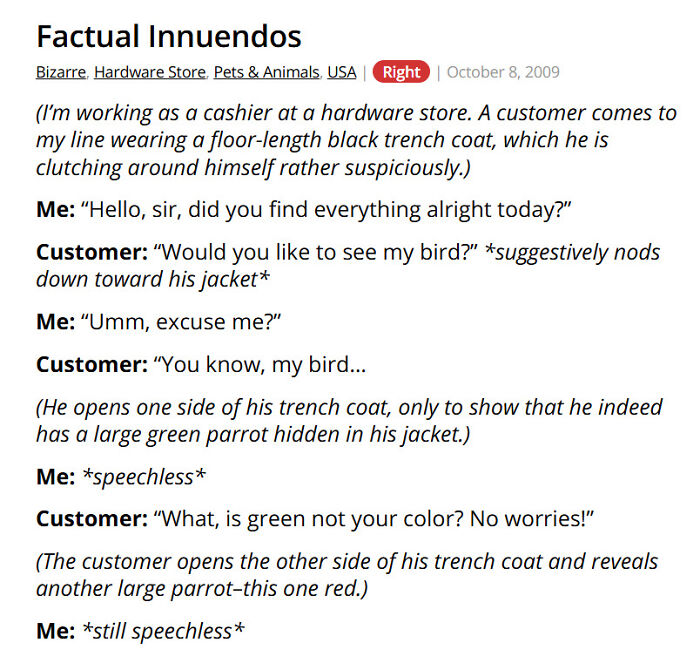 Funny hardware store cashier encounter with a customer hiding parrots