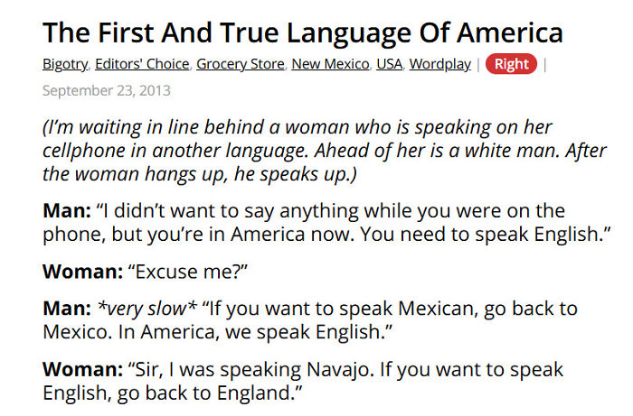 Humorous grocery store line story about speaking English and language clash