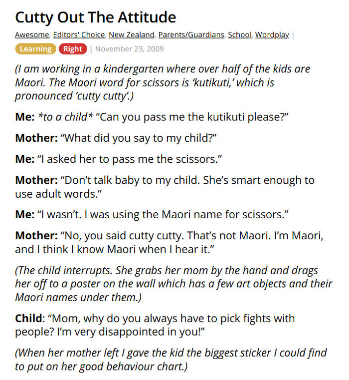 Kindergarten worker explains Maori word kutikuti for scissors to a parent