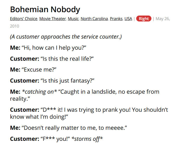 Customer pranks retail worker quoting lyrics in a business setting conversation
