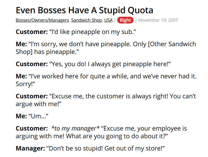 Customer demands pineapple on sub leading to manager confrontation