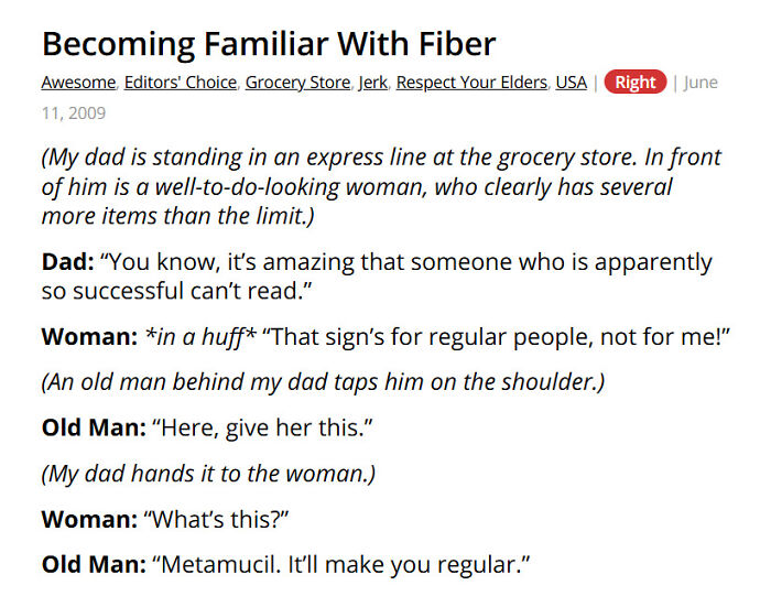Grocery store story involving fiber and a woman in express line