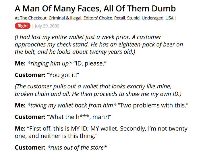 Checkout story about customer presenting fake ID with beer purchase