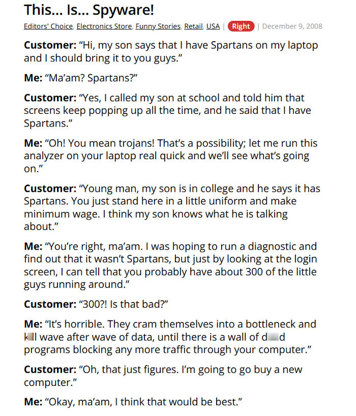 Tech support story about spyware mistaken for Spartans on laptop