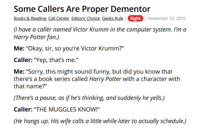 Call center story involving a caller named Victor Krumm and Harry Potter reference