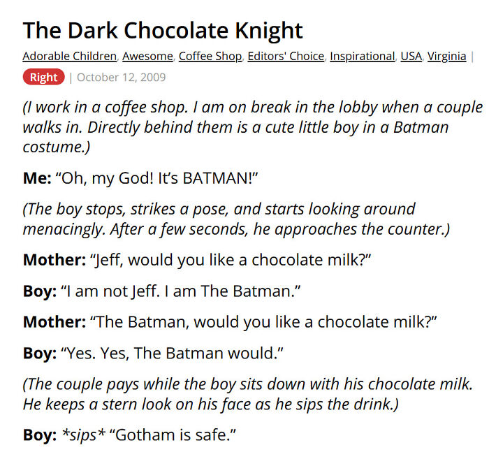 Child in Batman costume orders chocolate milk at coffee shop