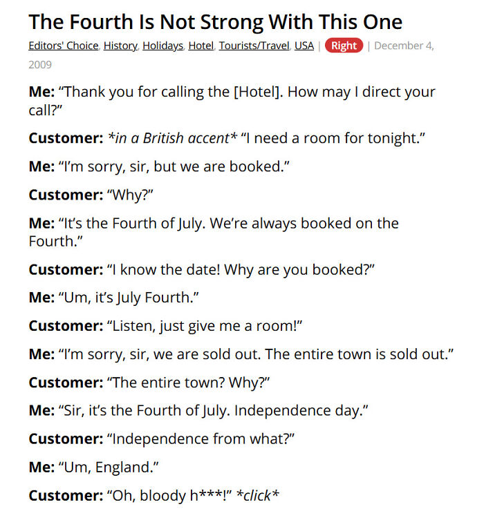 Hotel customer confused about Fourth of July booking and independence day