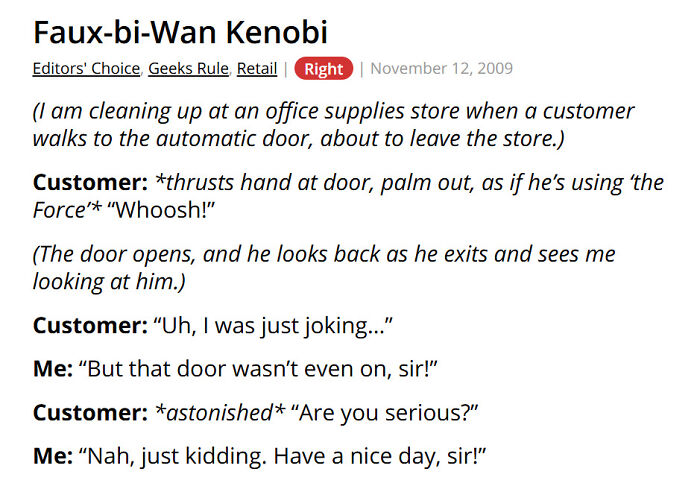 Customer imitates Jedi using force joke at retail store automatic door
