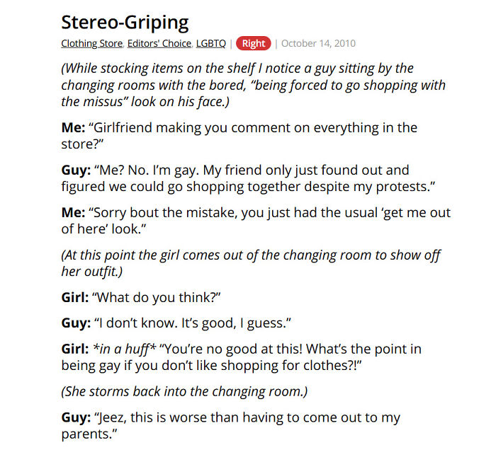 Customer shopping with gay friend experiences store changing room interaction