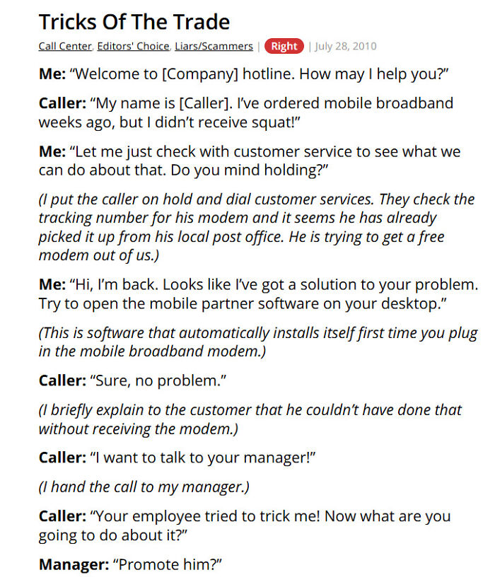 Call center story about a customer trying to get a free mobile broadband modem