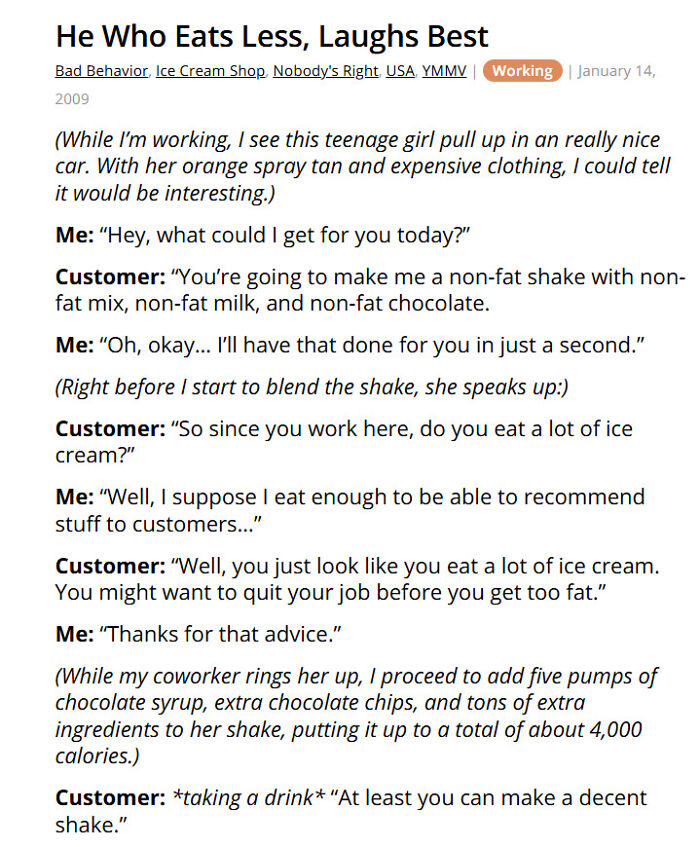 Ice cream shop story of a customer ordering non-fat shake with extra ingredients