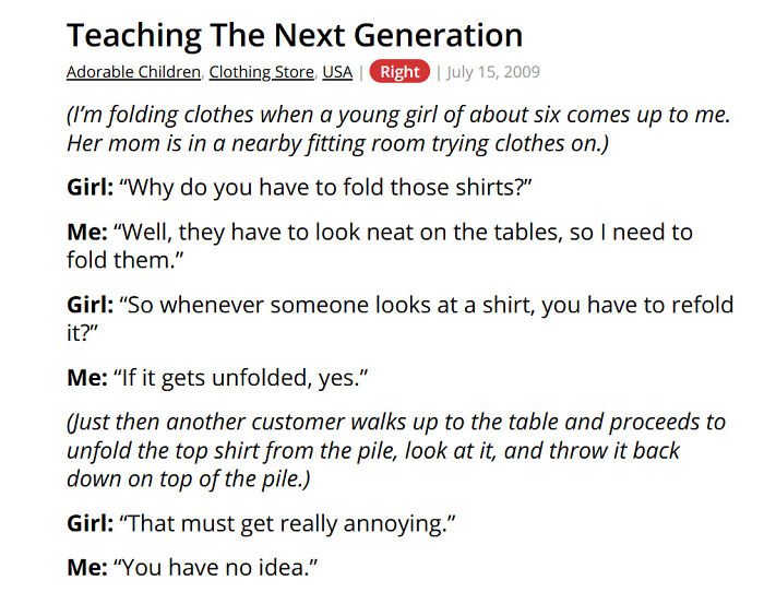 Customer folds clothes while child asks about folding shirts in clothing store
