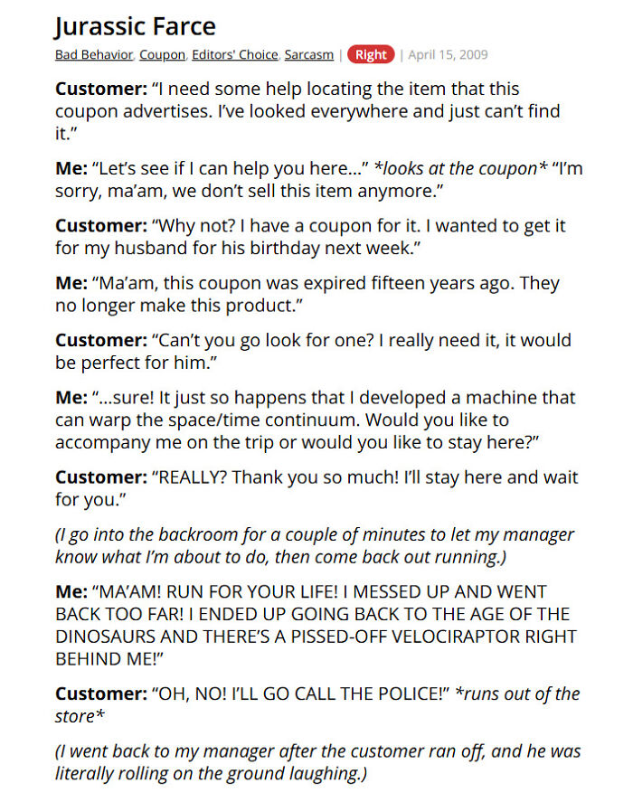 Customer with expired coupon humorously told about product no longer sold