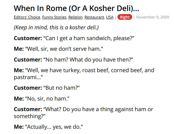 Customer confused about no ham served at kosher deli