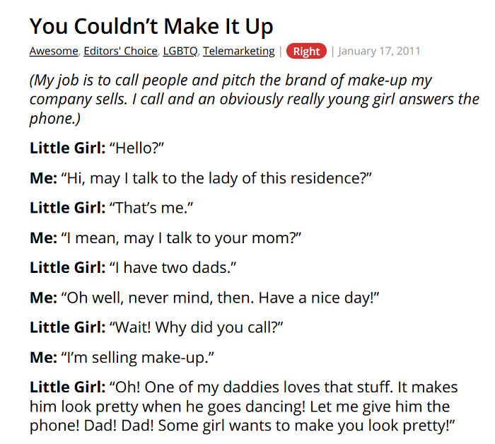 Young girl with two dads answers phone selling make-up products