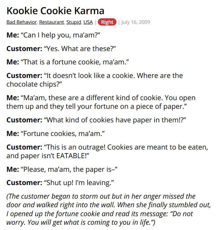 Customer confused about fortune cookies at restaurant encounter