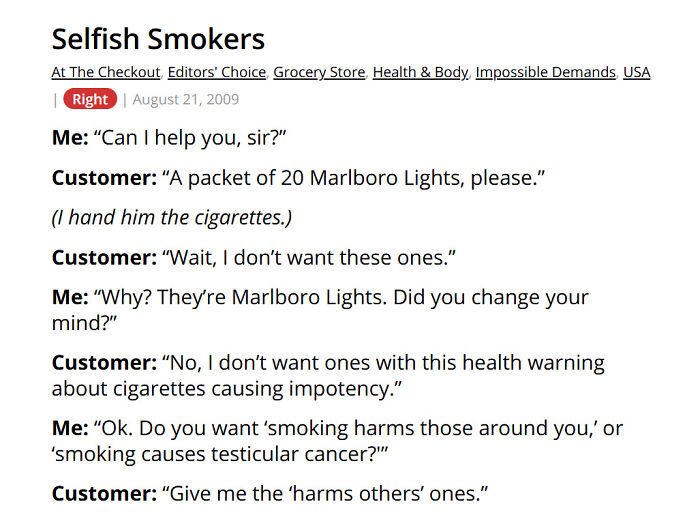 Customer requests cigarettes without certain health warnings at grocery store
