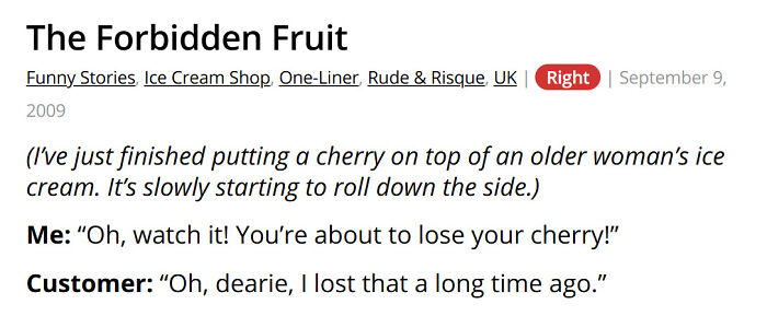 Older woman jokes about losing cherry on ice cream at ice cream shop