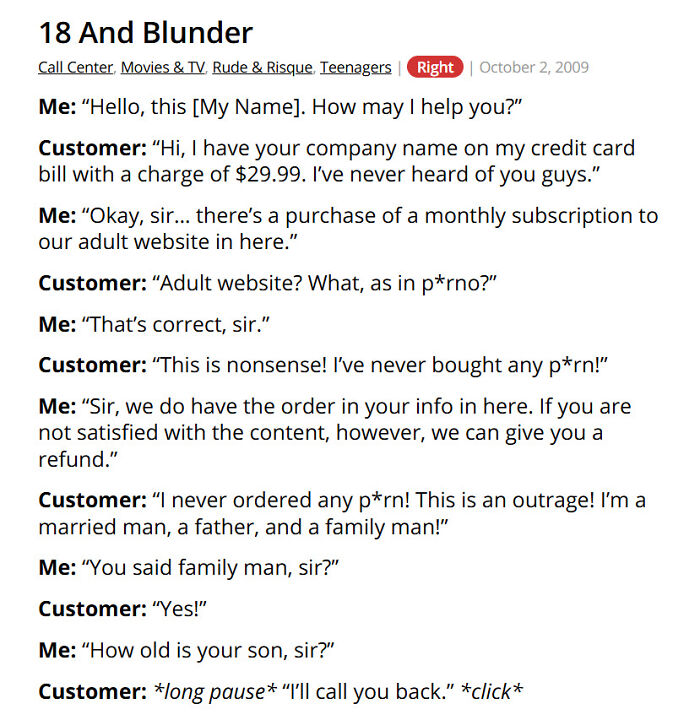Customer denies adult website charge in call center conversation