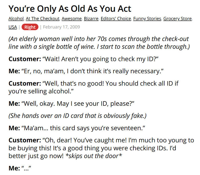 Elderly woman tries to buy wine with fake ID at grocery store