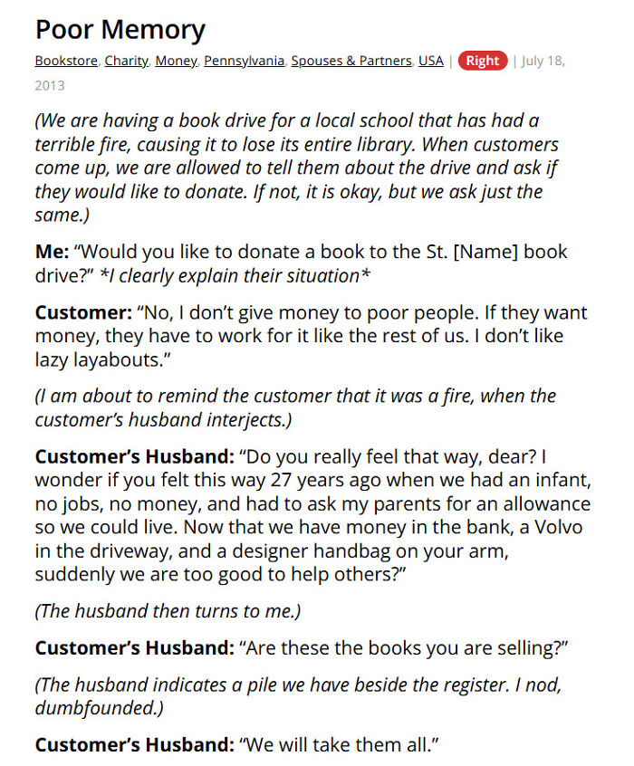 Bookstore customer refuses donation, husband responds with lesson on charity
