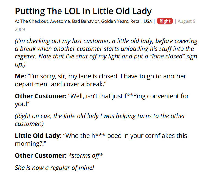 Old lady confronts rude customer at checkout in retail store