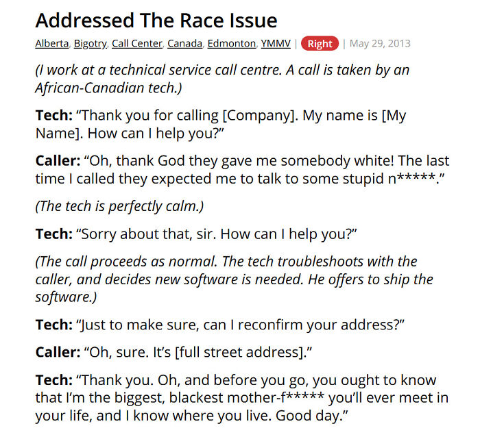 Tech call center handles racial prejudice calmly during customer service call