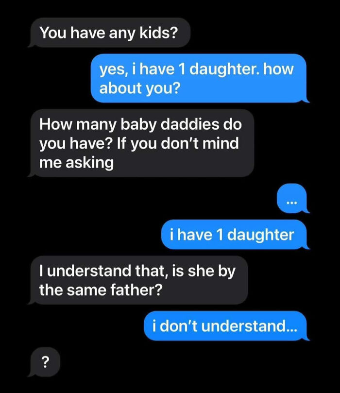 A funny meme of a text conversation with increasingly intrusive questions about children and fathers.