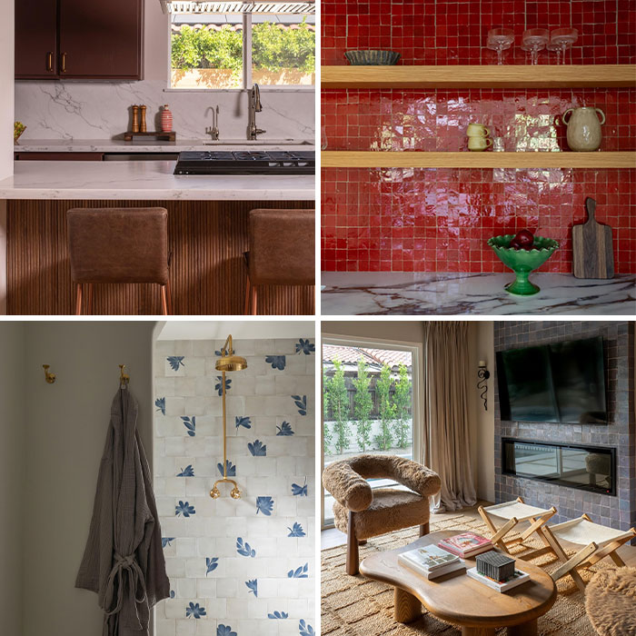 A collage of four images featuring various home decor projects, including a kitchen, shower, and living area.