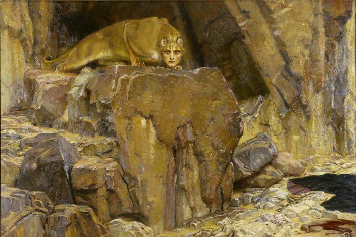 Strange famous painting featuring a Sphinx-like creature with a human head and lion body on rocky terrain.