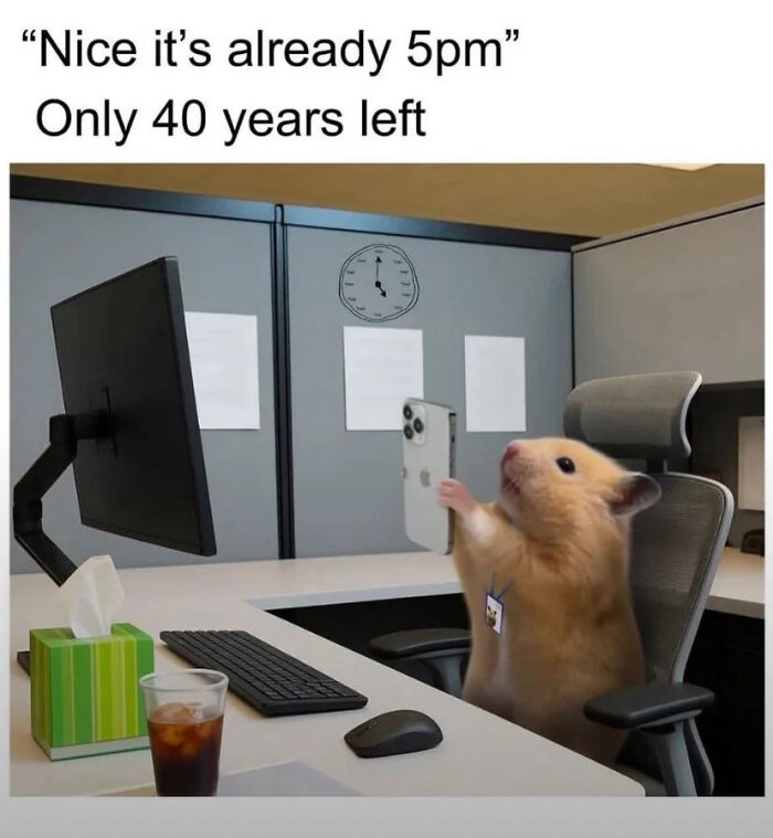 A hilariously relatable meme of a hamster at an office desk taking a selfie, showing the daily grind for adults.