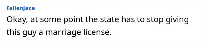 Screenshot of a comment from Fallenjace about Jesse James cheating on Sandra Bullock, stating the state should stop giving him marriage licenses. Screenshot of a comment from Fallenjace about Jesse James cheating on Sandra Bullock, stating the state should stop giving him marriage licenses.