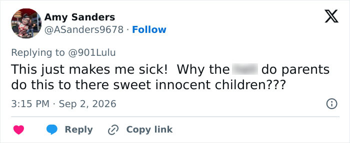 A tweet from Amy Sanders expressing shock and asking why parents would do this to children, about the Saylor Hayes story.