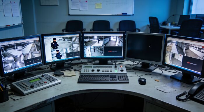 A security control room with multiple monitors, showing what surprising things wealthy people buy for safety.