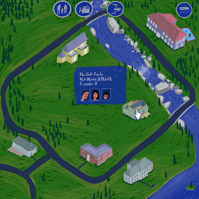 Nostalgic painting showing a Sims neighborhood map with the Goth family details and various houses.