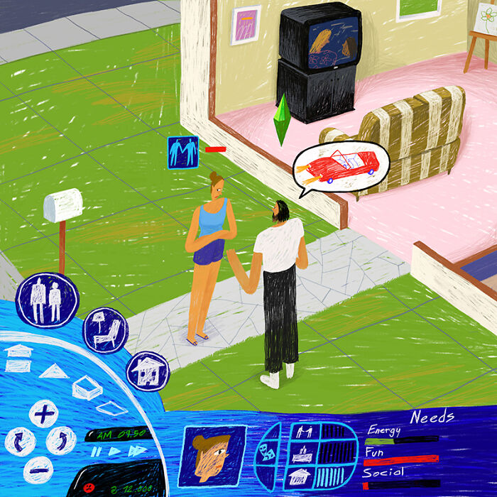 Nostalgic painting of The Sims with two characters talking, an iconic green plumbob, and a thought bubble about a car.