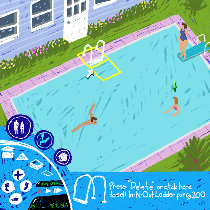 Nostalgic paintings of people swimming in a pool, including game interface elements from the golden era of GTA.