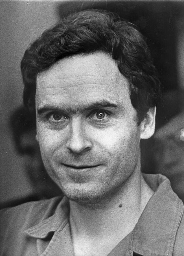 Black and white portrait of a man, likely a figure from unsettling true crime stories, looking directly at the camera.